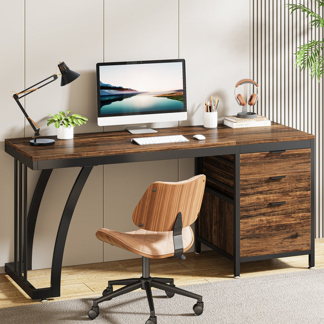 Industrial 59 inch Computer Desk Brown Black with drawer cabinet