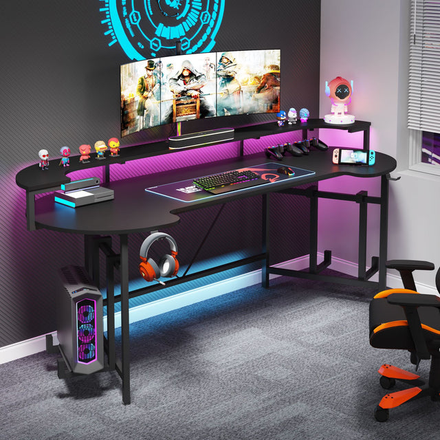 75 inch Gaming Desk black with LED strip and monitor shelf lifestyle