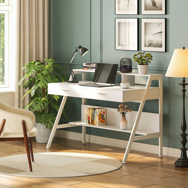 White 47 inch Computer Desk with storage shelf and 2 drawers