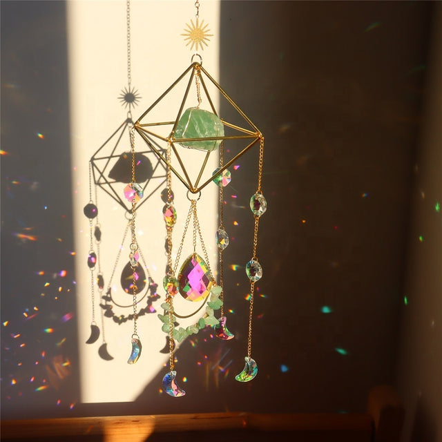 Green Fluorite Crystal Suncatcher Hanging, Sun Catcher for Windows, Glass Rainbow Maker, Crystal Window Hanging, Green Gemstone Prism, Boho Decor