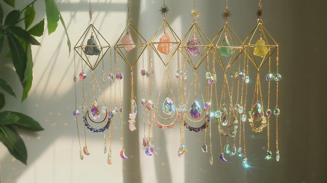 Crystal suncatchers hanging boho chic home decor ornament raw gemstone gift for housewarming, birthday, anniversaries,  christmas, mother's day, valentines day. Amethyst, rose quartz, citrine green fluorite lapis lazuli orange salt stone sun catcher decoration rainbow maker