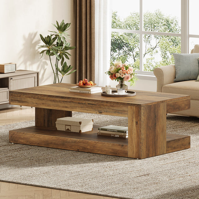 47.24 inch Farmhouse 2-Tier Tea Cocktail Table Brown Natural Wood