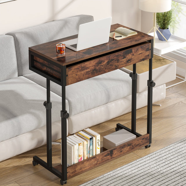 Height Adjustable Desk Rustic Brown with Drawers and Wheels
