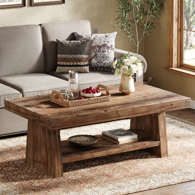 2-Tier Solid Wood Coffee Table Rustic Charred variant