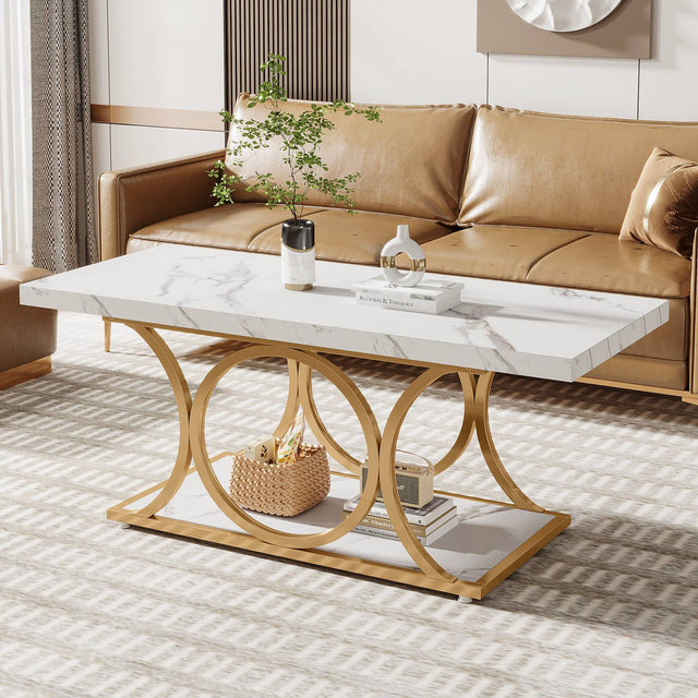 Rectangle coffee table 47 inch faux marble white and gold legs