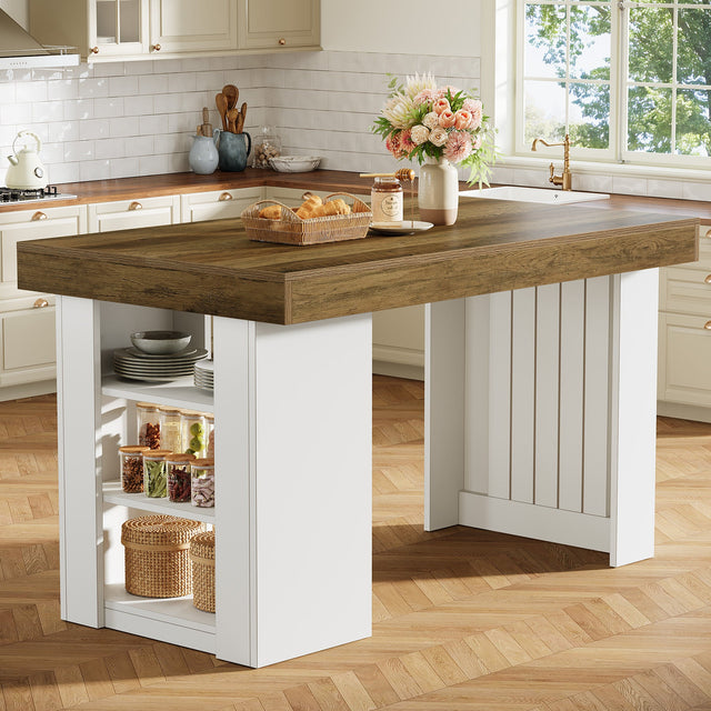 55 inch Kitchen Island with Storage Farmhouse Stationary Island Table