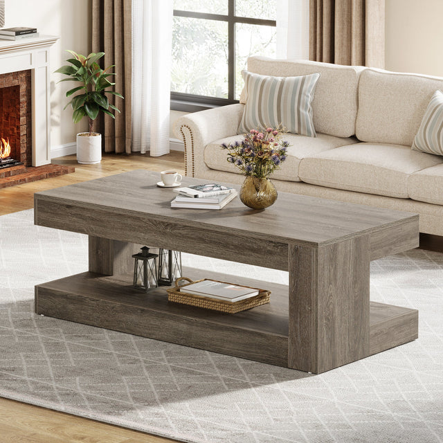 47.24 inch Farmhouse 2-Tier Tea Cocktail Table Gray