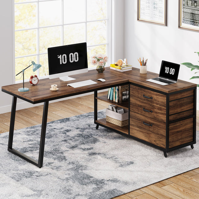 53 inch Reversible L-Shaped Computer Desk with 3 Drawers and Shelves Rustic Brown