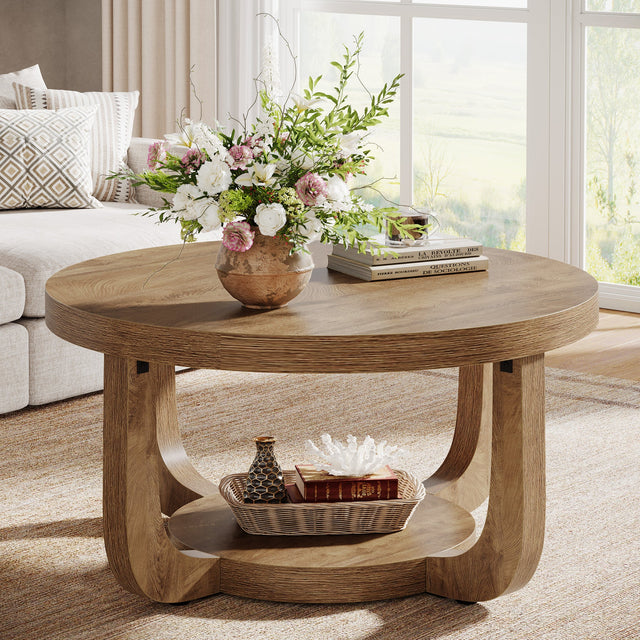 31.5 inch 2-Tier Circle Coffee Table Rustic Oak