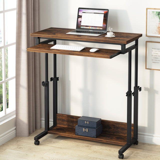 Height Adjustable Rolling Desk Rustic Brown with keyboard tray