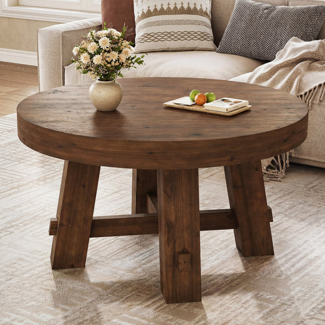31.5 inch Round Solid Wood Coffee Table Walnut Brown