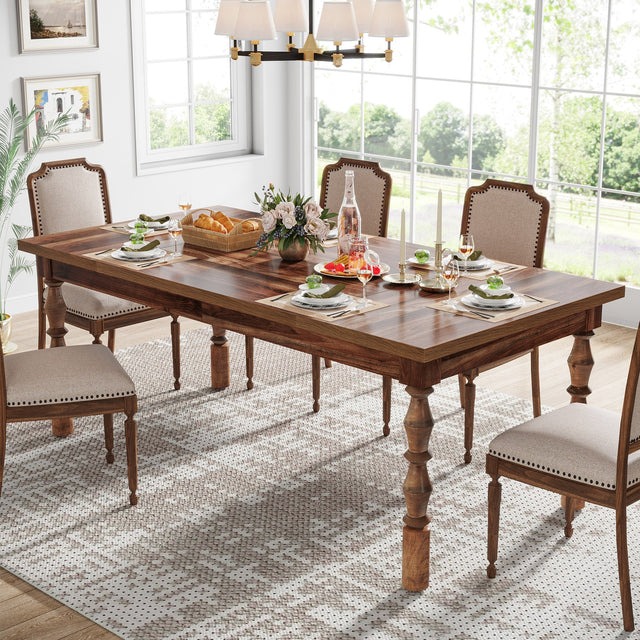 Rectangle Dining Table, 62” Kitchen Table with Carved Turned Legs for 4-6 People