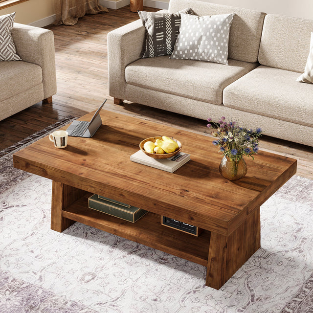2-Tier Solid Wood Coffee Table storage shelf detail