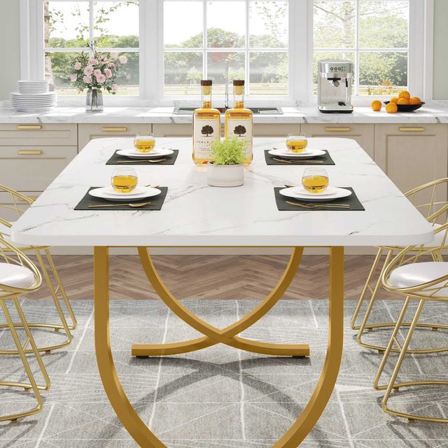 63" Dining Table, Modern Kitchen Table with Faux Marble Table Top