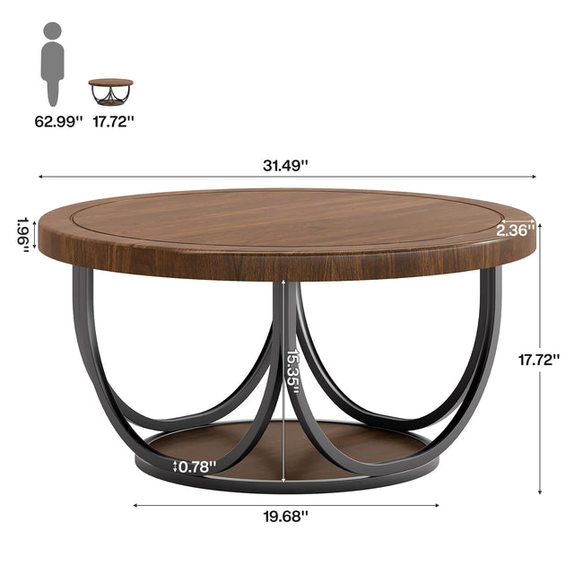 Round coffee table 31.5 inch side angle brown and black