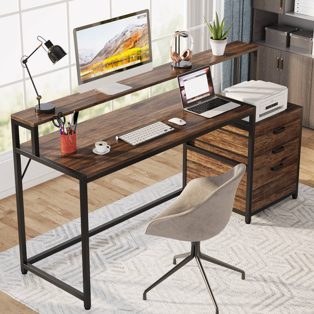 63 inch desk two drawers and printer stand top cabinet