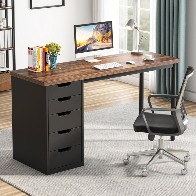 47 inch Computer Desk with 5 drawers compact modern rustic brown