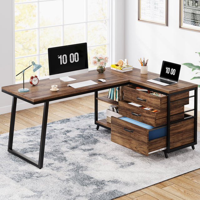 53 inch L-shaped desk 3 drawers and shelves detail