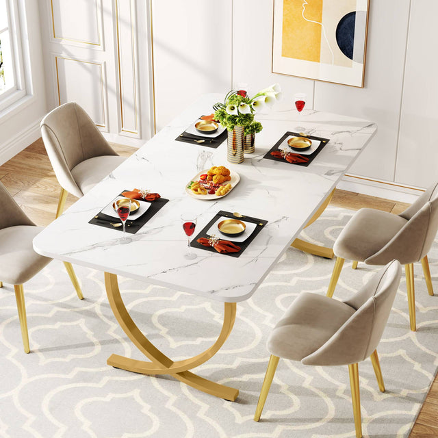 63" Dining Table, Modern Kitchen Table with Faux Marble Table Top