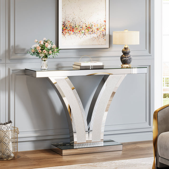 39 inch Mirrored Console Table modern silver V-shaped