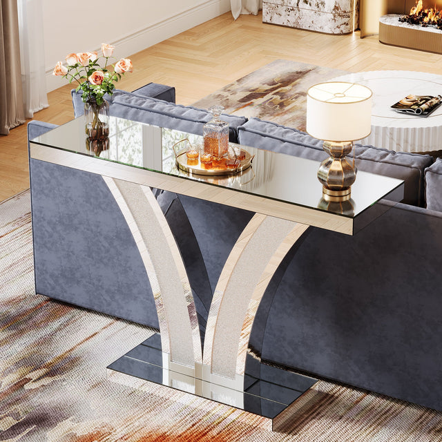 39 inch Mirrored Console Table V-shaped base detail