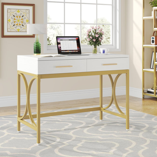 41 inch White Gold Computer Desk with 2 drawers lifestyle