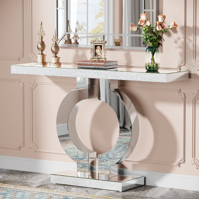 43 inch Mirrored Console Table modern silver O-shaped base