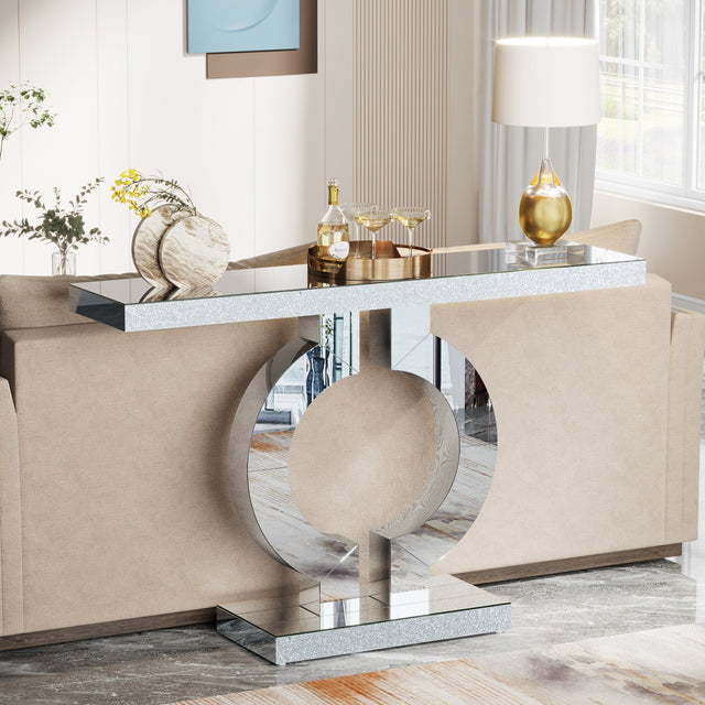 43 inch Mirrored Console Table O-shaped base detail