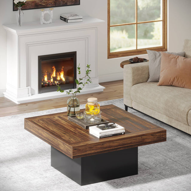 Square farmhouse coffee table side view single leg base
