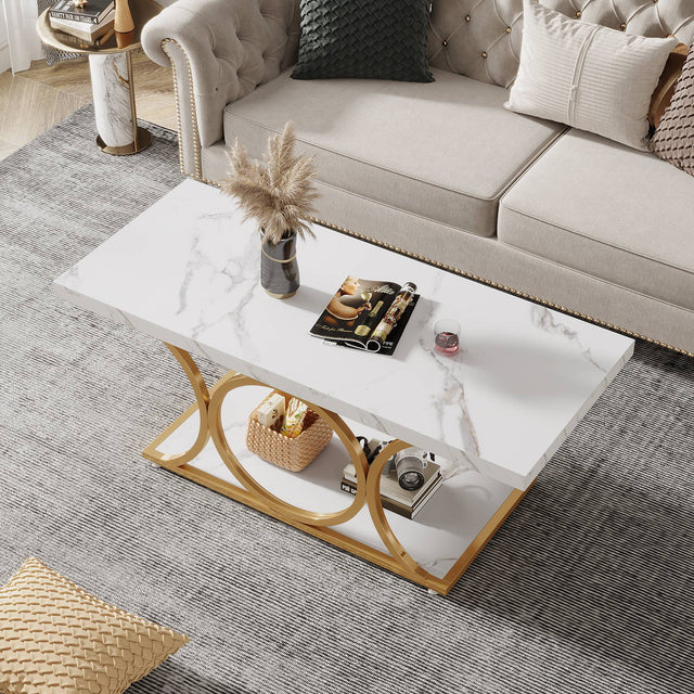 Rectangle coffee table side angle showing gold legs