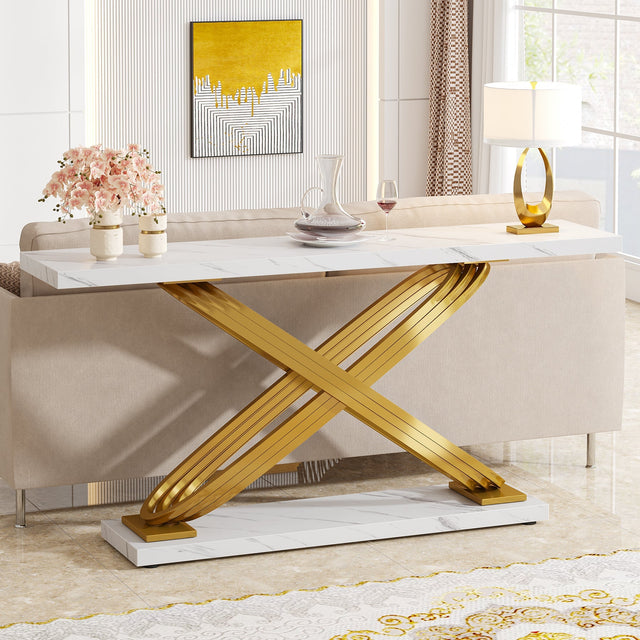 55 inch Console Table modern faux marble gold X-frame