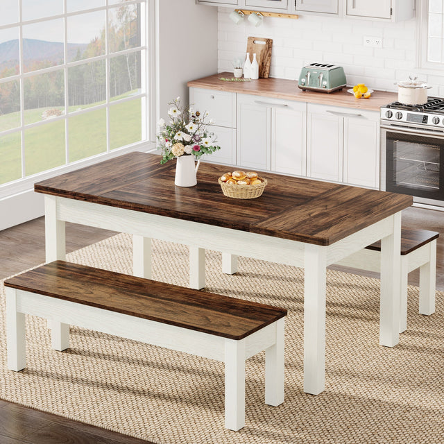55" Dining Table Set, 3 Pieces Wood Kitchen Table with 2 Benches