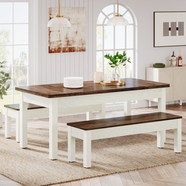 55" Dining Table Set, 3 Pieces Wood Kitchen Table with 2 Benches