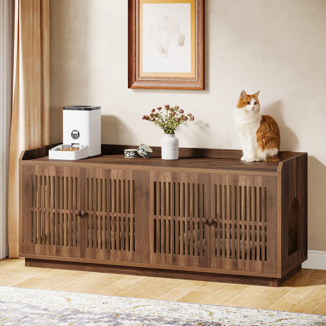 55 inch Litter Box Furniture Cat Enclosure 2 Cabinets Side Entrance Rustic Brown main