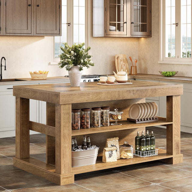 55 inch Kitchen Island Farmhouse Stationary Island Unit 2-Tier Storage