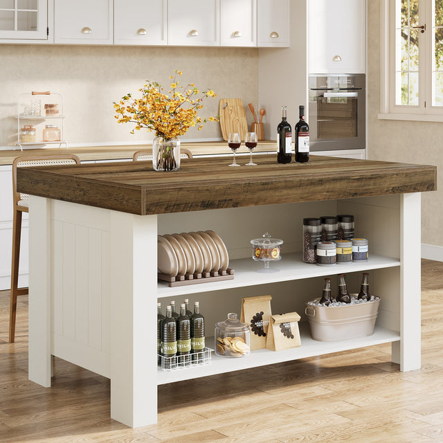 55 inch Kitchen Island Table Farmhouse Counter Height Bar Table Storage Shelves