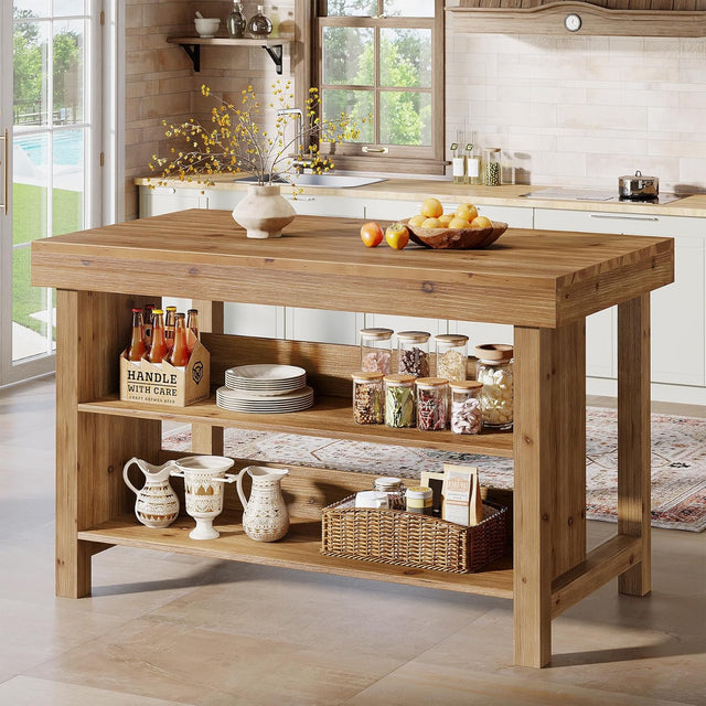 55 inch Wood Kitchen Island 3-Tier Farmhouse Counter Height Coffee Bar