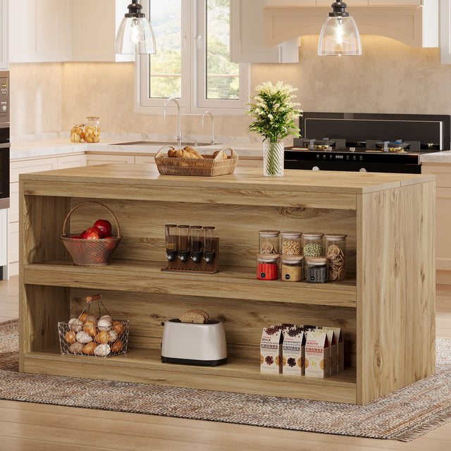 59 inch Kitchen Island 3-Tier Farmhouse Stationary Island Table Storage 1