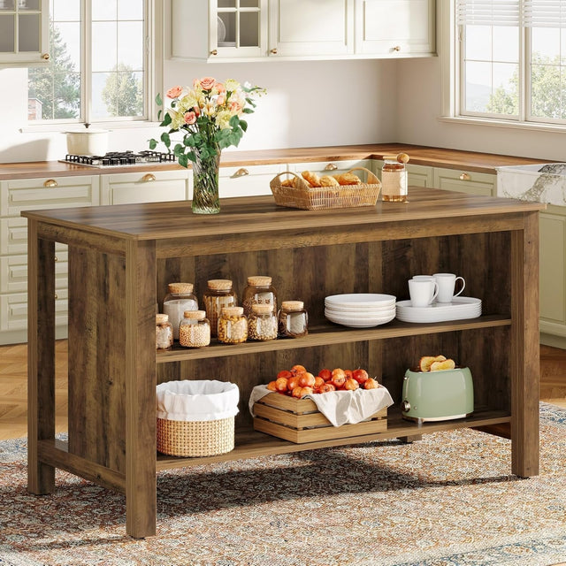 59 inch Kitchen Island Farmhouse Stationary Island Table Storage 1