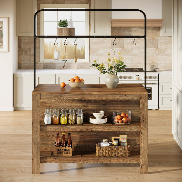 47 inch Solid Wood Kitchen Island shelf storage