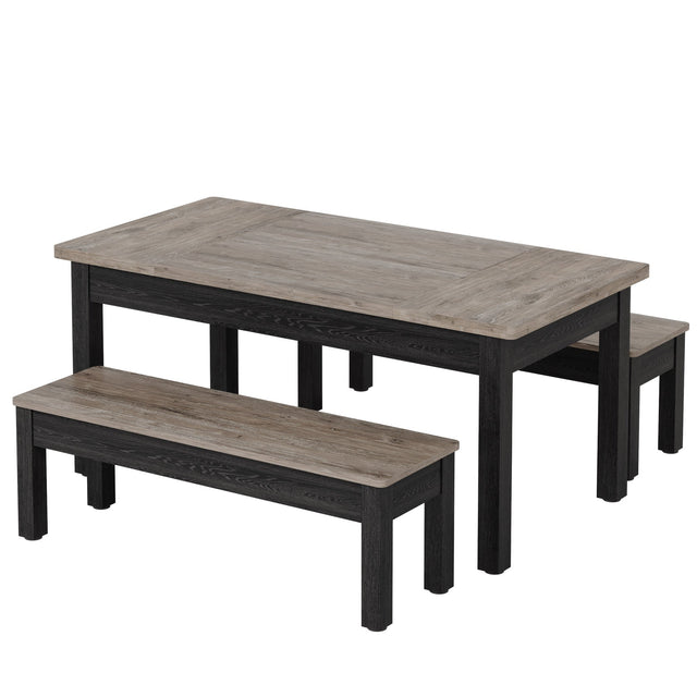 55" Dining Table Set, 3 Pieces Wood Kitchen Table with 2 Benches