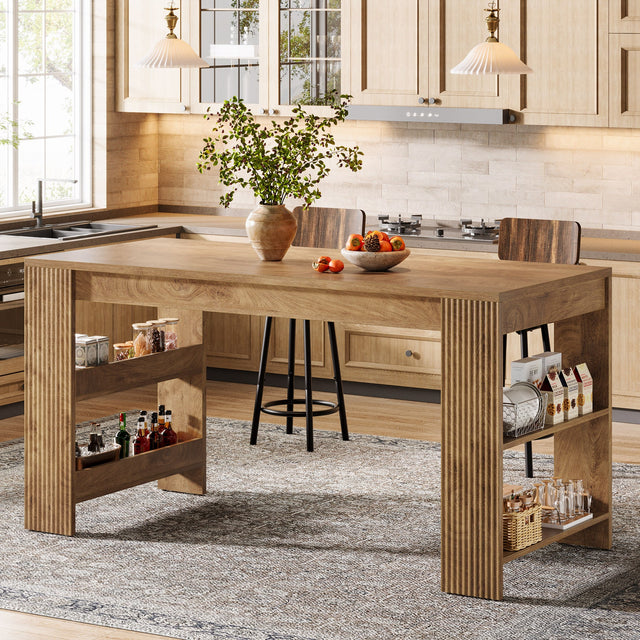 63 inch Kitchen Island Large Home Bar Table Double-Sided Storage Shelves