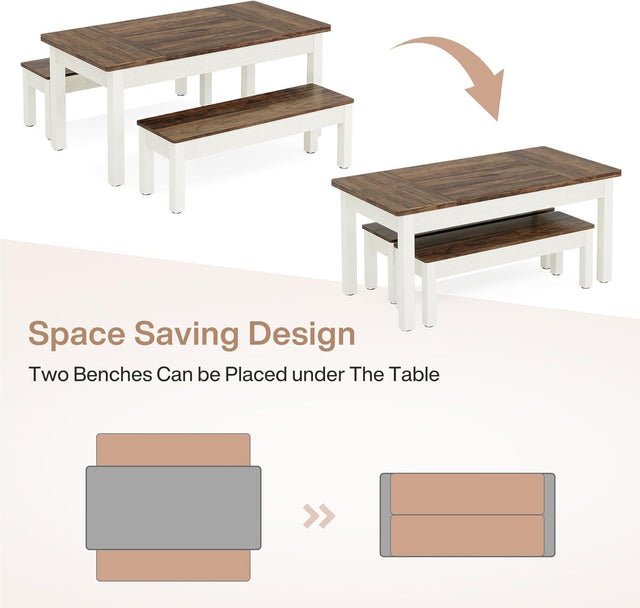 55" Farmhouse Kitchen Table Set for 4–6 People, 3 Piece Space Saving Dining Table with 2 Benches