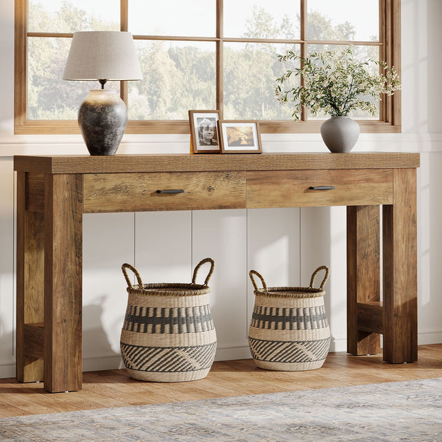 63 inch Console Table H-shaped legs with 2 drawers farmhouse