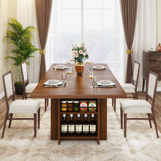 63" Farmhouse Dining Table Wooden Kitchen Table with Shelves for 6 to 8