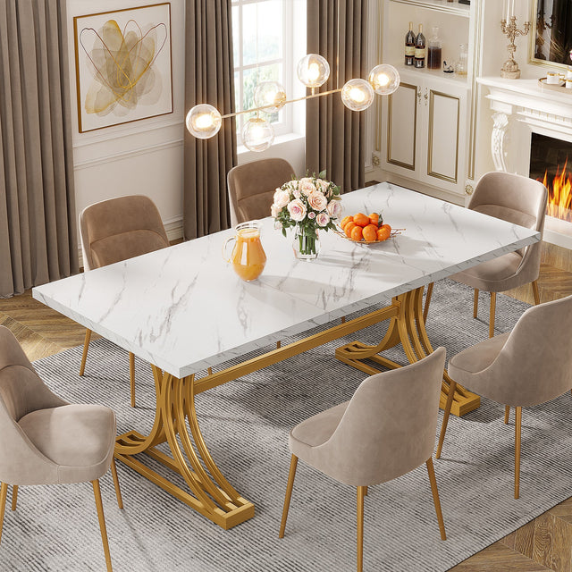 63" Modern Dining Table with Faux Marble Tabletop & Metal Legs