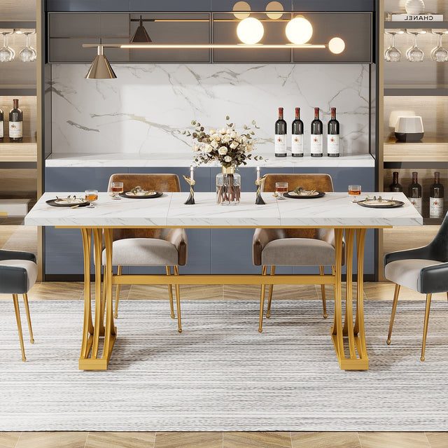 63" Modern Dining Table with Faux Marble Tabletop & Metal Legs