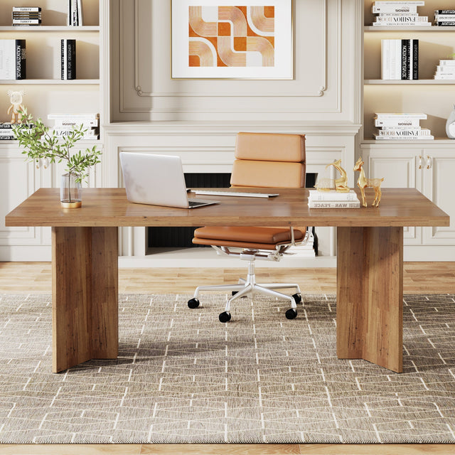 63 inch Farmhouse Executive Desk walnut brown large tabletop lifestyle