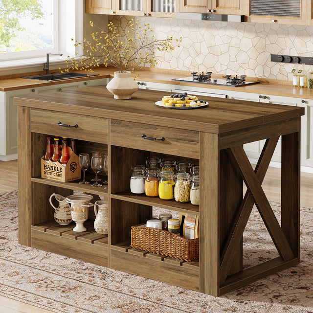 55 inch Kitchen Island Wooden Bar Table 2 Drawers Open Shelf