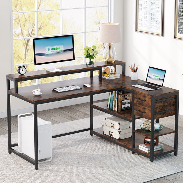 Reversible L-Shaped Desk Rustic Brown industrial corner desk with shelves